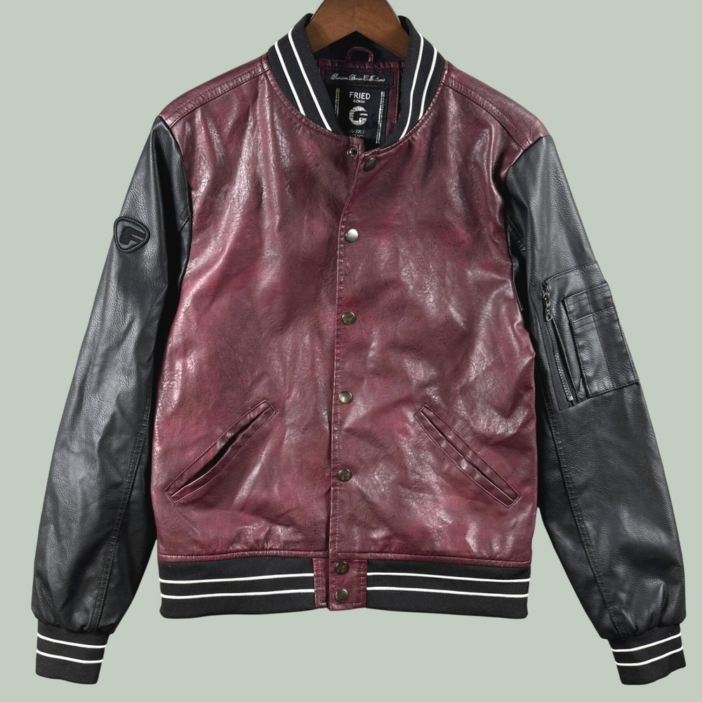 Fried Denim Varsity Jacket Men S Burgundy Faux Leather Bomber Urban Streetwear
